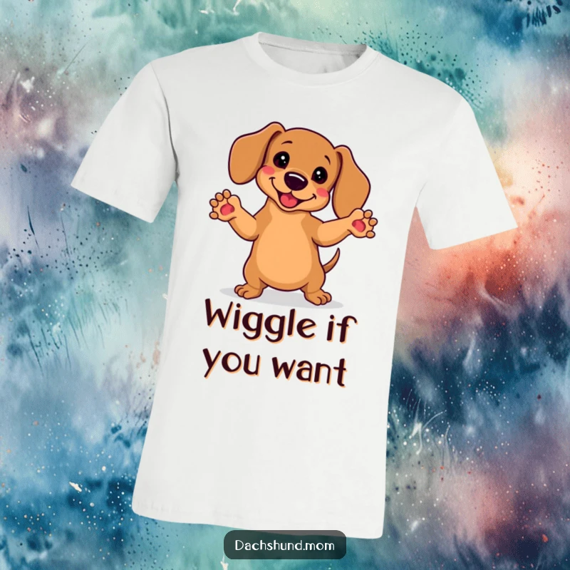 Funny Kawaii Dachshund T-Shirt: A cute dachshund mid-dance, front paws raised high, looking utterly delighted and silly.