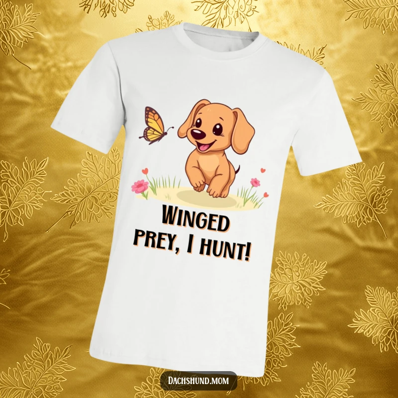Funny Dachshund puppy t-shirt, smiling and enthusiastically chasing a colorful butterfly in a vibrant outdoor scene.