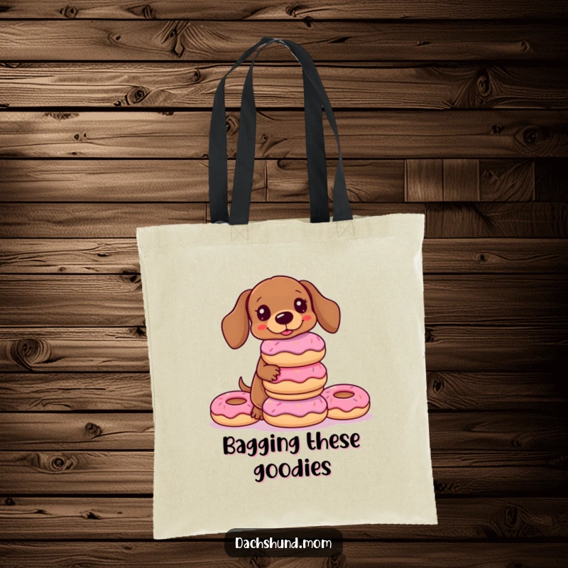 Funny Kawaii Dachshund Tote Bag featuring a dog trying to balance a stack of donuts, a humorous and practical gift.