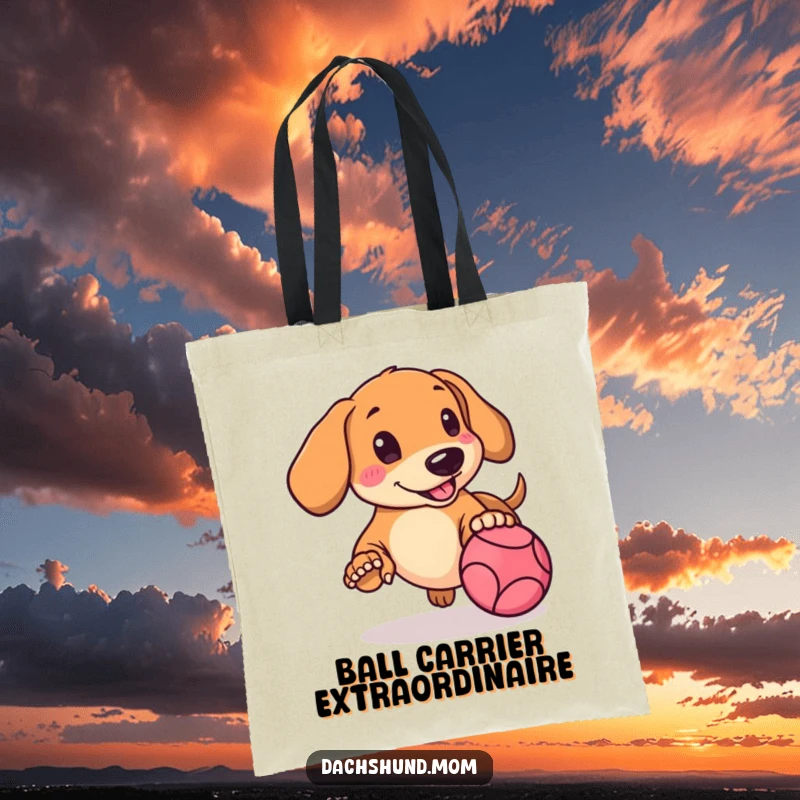 Funny Kawaii Dachshund Tote Bag with a sweet rosy-cheeked doggo gleefully chasing a bouncing ball.