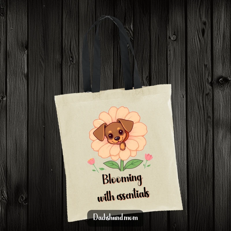 Funny tiny dachshund peeking from behind a large flower, featured on a durable tote bag for a stylish, humorous carry-all.