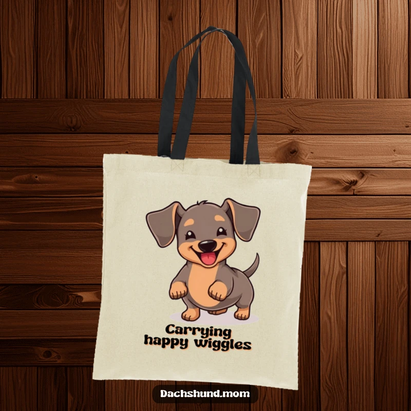 Funny Kawaii Dachshund Tote Bag: A charming dachshund wiggles its stubby tail with overwhelming joy, ready to carry your goodies.
