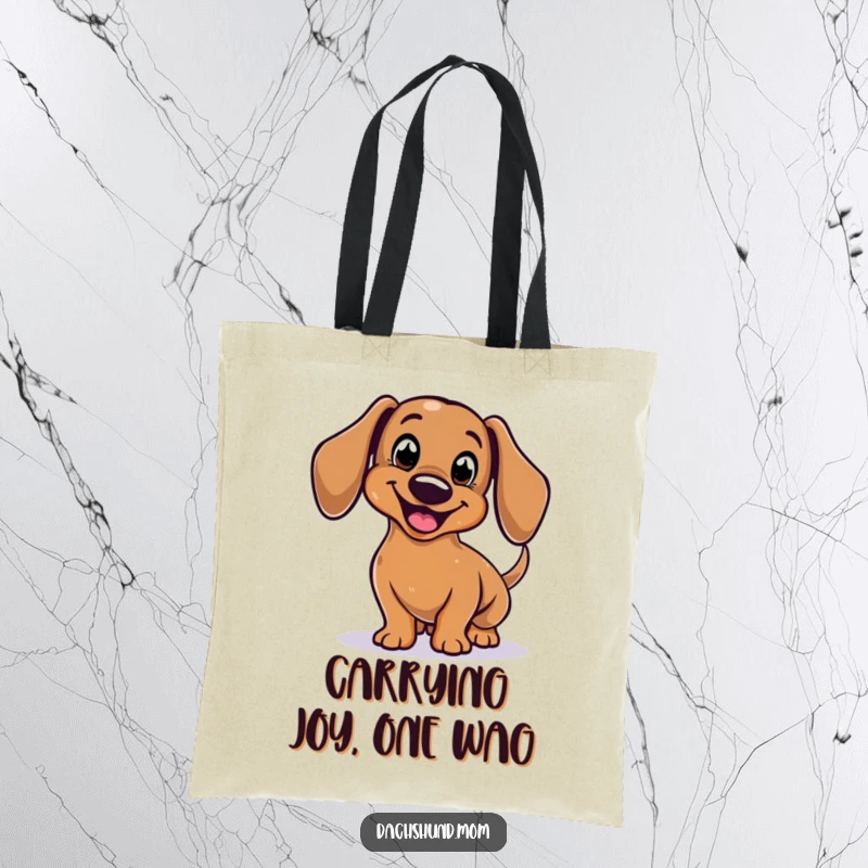 Funny Dachshund Tote Bag with a stylized, smiling body enthusiastically wagging its tail, great for everyday use.