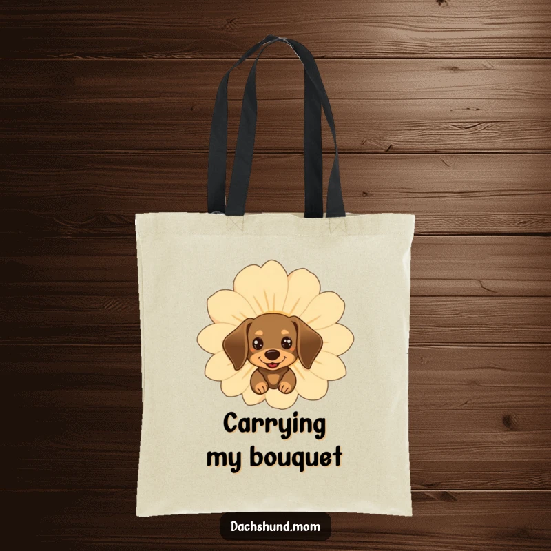 Funny kawaii dachshund peeking out from behind a large, happy flower on a durable and cute tote bag.