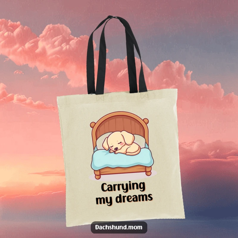 Funny Kawaii Dachshund Tote Bag: A sleepy dog is adorably squished into a comically small bed, perfect for carrying your essentials.