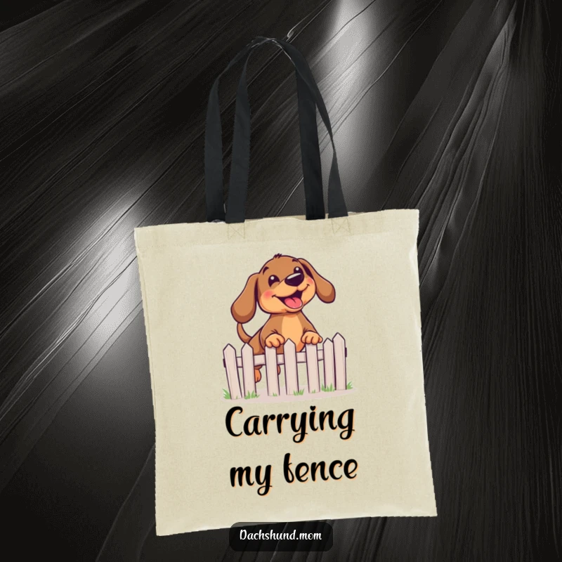 Funny Kawaii Dachshund Tote Bag featuring a joyful dog leaping over a miniature fence with great enthusiasm.