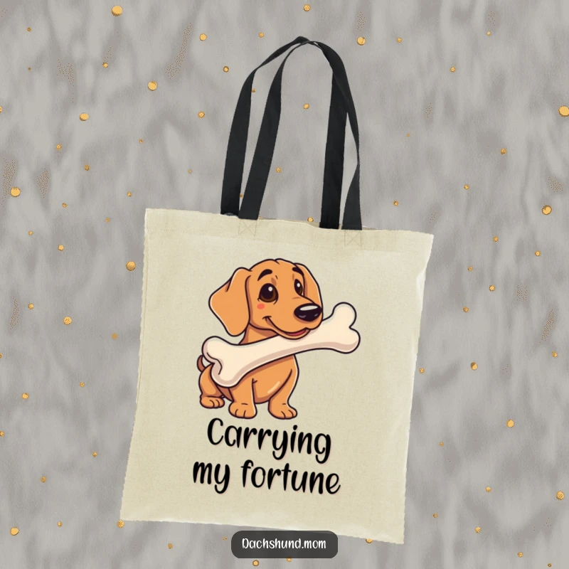 Funny tote bag showing a dachshunds triumphantly holding a comically large bone, perfect for carrying essentials.