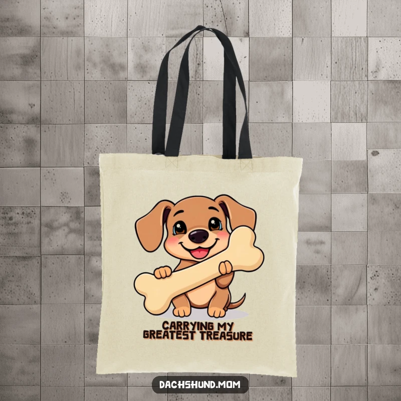 Funny Kawaii Dachshund Tote Bag featuring a smiling dachshund proudly holding a giant bone, ready for funny, everyday adventures.