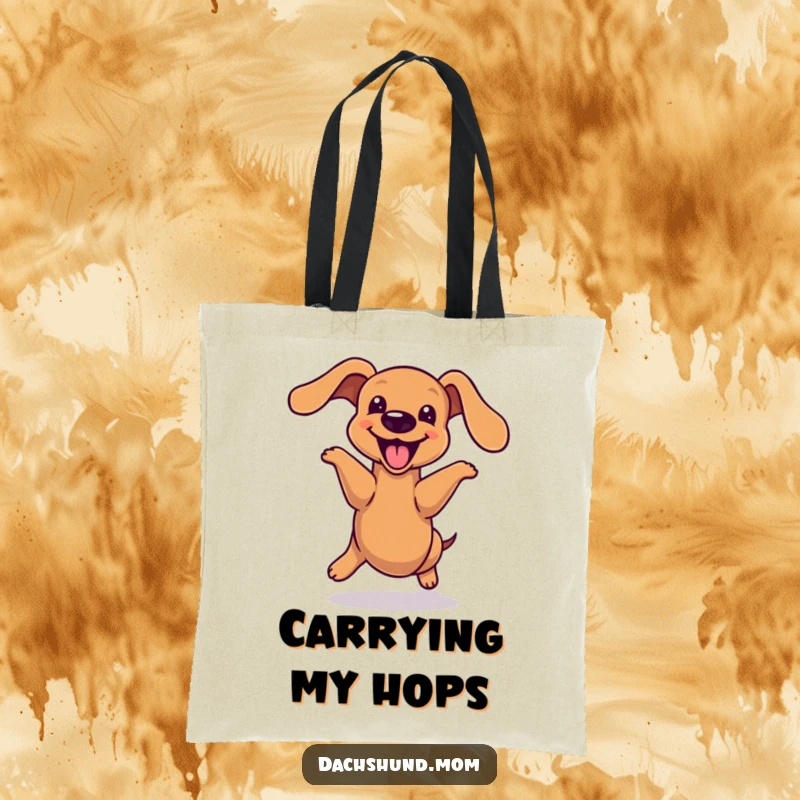 Funny kawaii dachshund tote bag, doing a joyful hop with its long body, conveying pure happiness, a humorous and practical accessory for dog lovers.