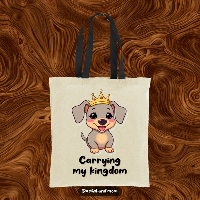 Funny kawaii dachshund wearing a crown and wagging its tail on a tote bag, a cute and humorous carry-all.
