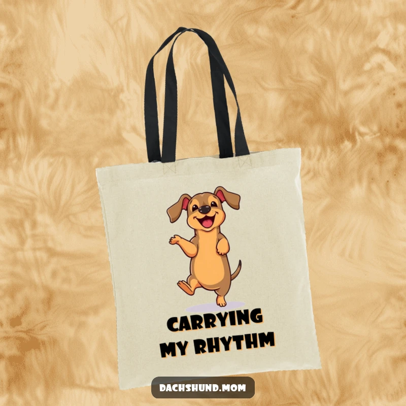 Funny cute dachshund character doing a clumsy dance move, featured on a durable tote bag for a stylish, humorous carry-all.