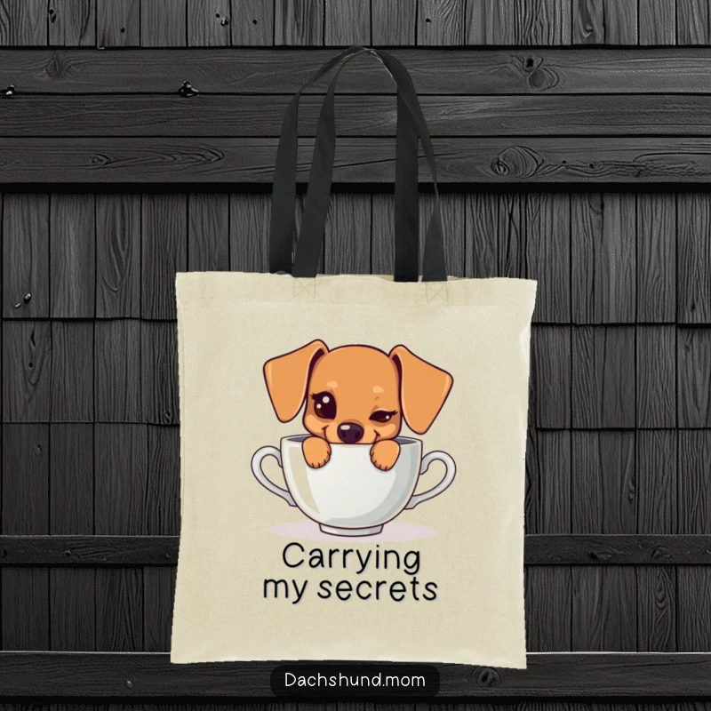 Funny tote bag with a kawaii dachshund peeking from behind a teacup with a mischievous wink, perfect for carrying items with style.