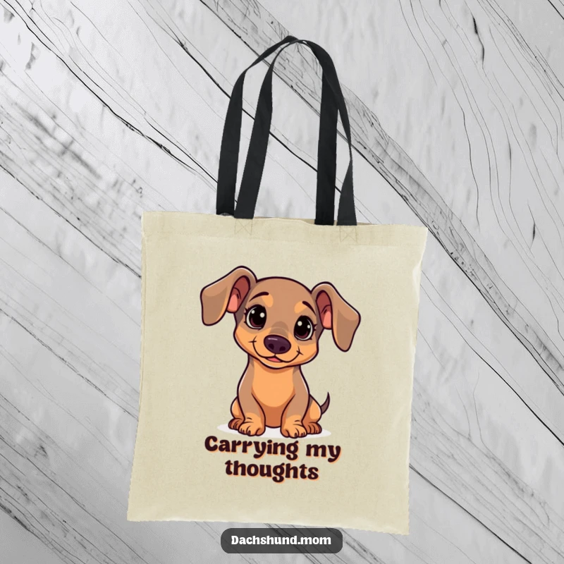 Funny Dachshund Tote Bag: A charming kawaii dachshund tilting its head with a curious and engaging expression, perfect for everyday use.