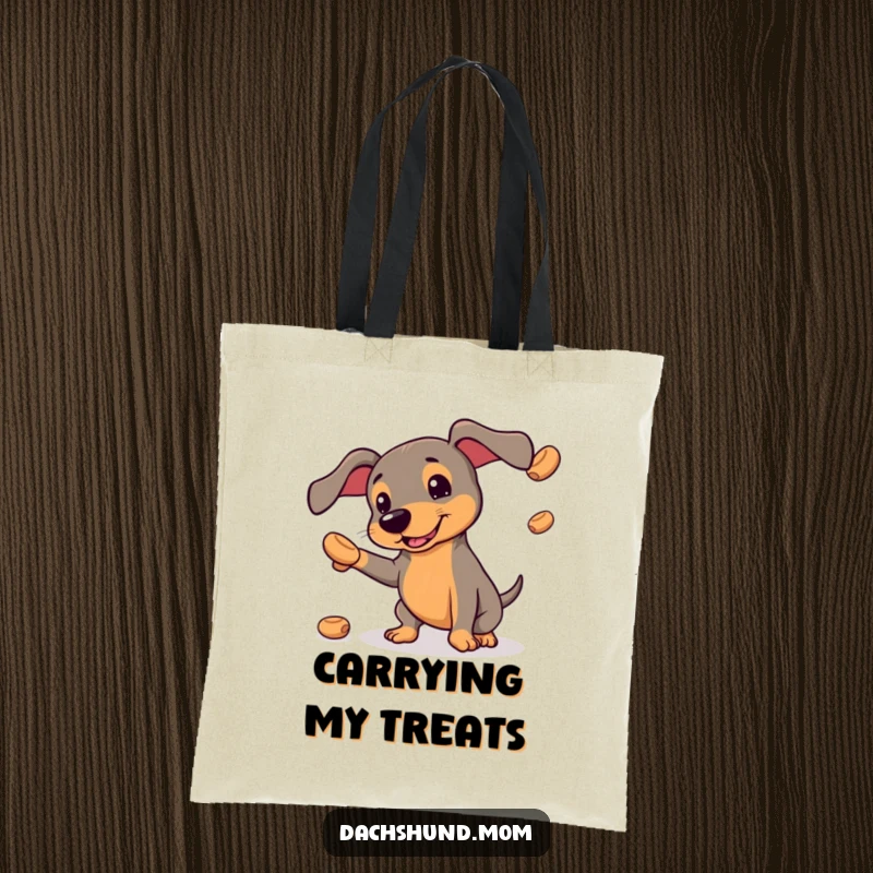 Funny kawaii dachshund tote bag, a small dog hilariously juggling treats, a humorous and practical accessory.
