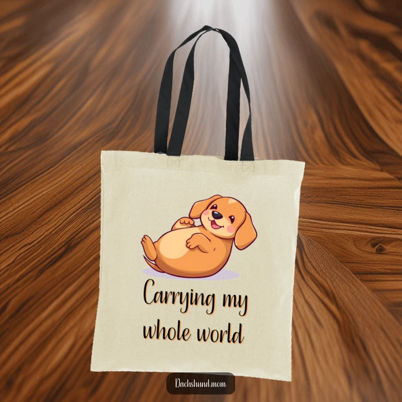 Funny Kawaii Dachshund Tote Bag, a cheerful dog rolling over, ready for adventures or grocery runs with a funny vibe.