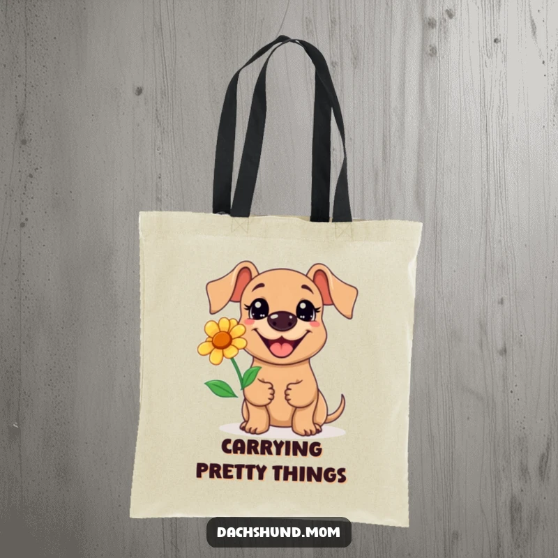 Funny Kawaii Dachshund Flower Tote Bag: A cute dachshund with a big grin holds a flower, practical and adorable, tote.