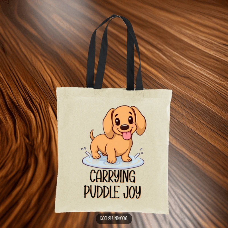 Funny tote bag with a kawaii dachshund sticking its tongue out while happily splashing in a tiny puddle, perfect for carrying items.