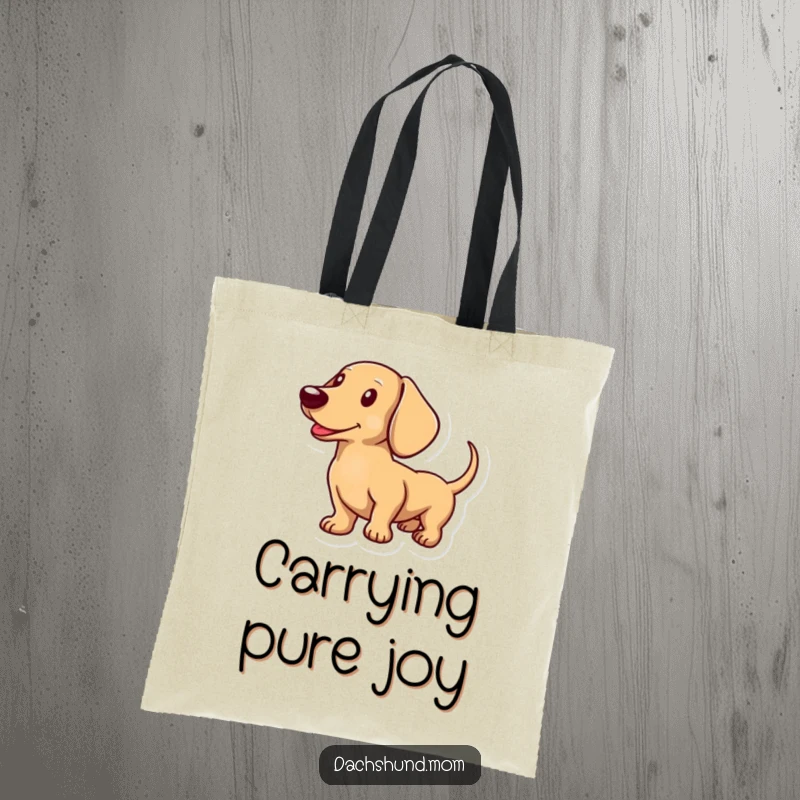 Funny tote bag showcasing a dachshunds tail wagging enthusiastically, symbolizing happiness and excitement.