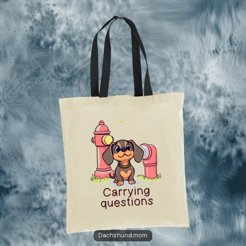 Funny Kawaii Dachshund Tote Bag: A cute dog looks up with wide, bewildered eyes at a massive fire hydrant, full of wonder.