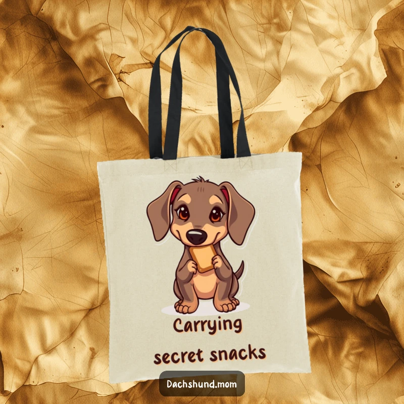 Funny Kawaii Dachshund Tote Bag: A cute, determined dachshund sneaking towards a treat, perfect for carrying goodies and secrets.