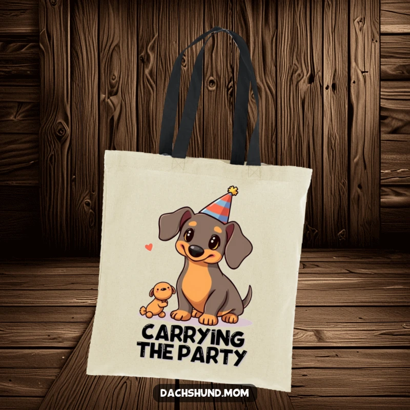 Funny Kawaii Dachshund Tote Bag: a dachshund in a party hat juggling three small squeaky toys, showcasing a playful and festive design.