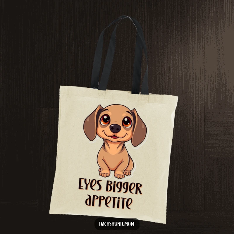 Funny Kawaii Dachshund Tote Bag with wide, sparkling eyes looking up in adorable wonder, perfect for shopping and gifts.