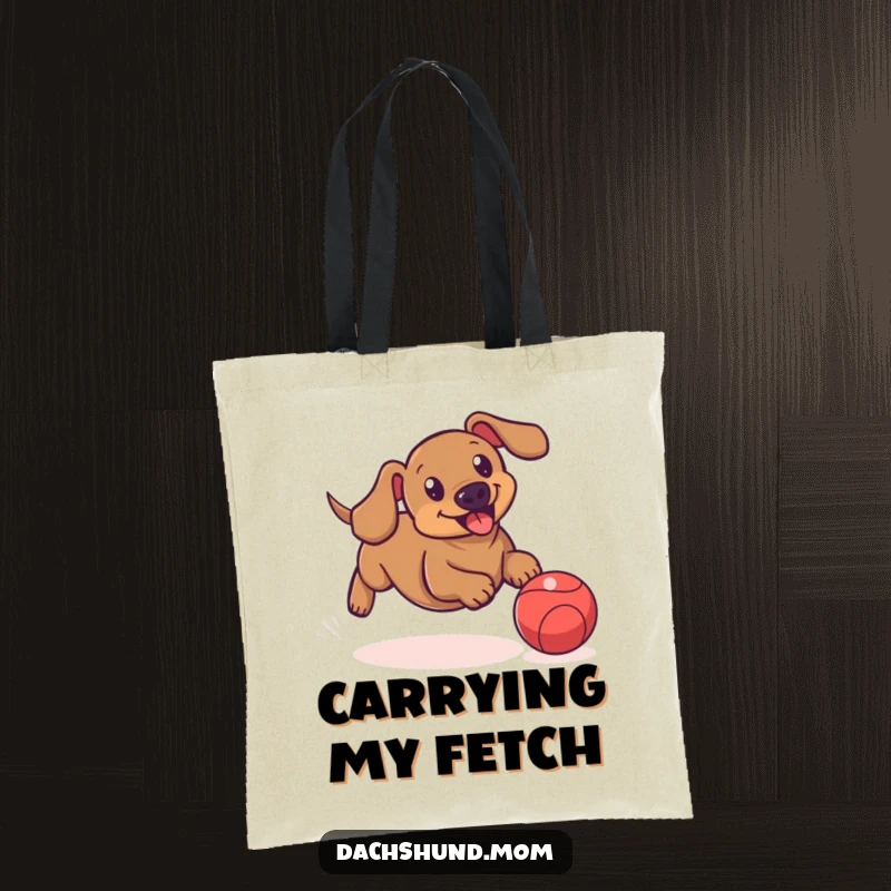 Funny tote bag featuring a dachshund playfully chasing a bouncing ball, perfect for carrying items for active outings.