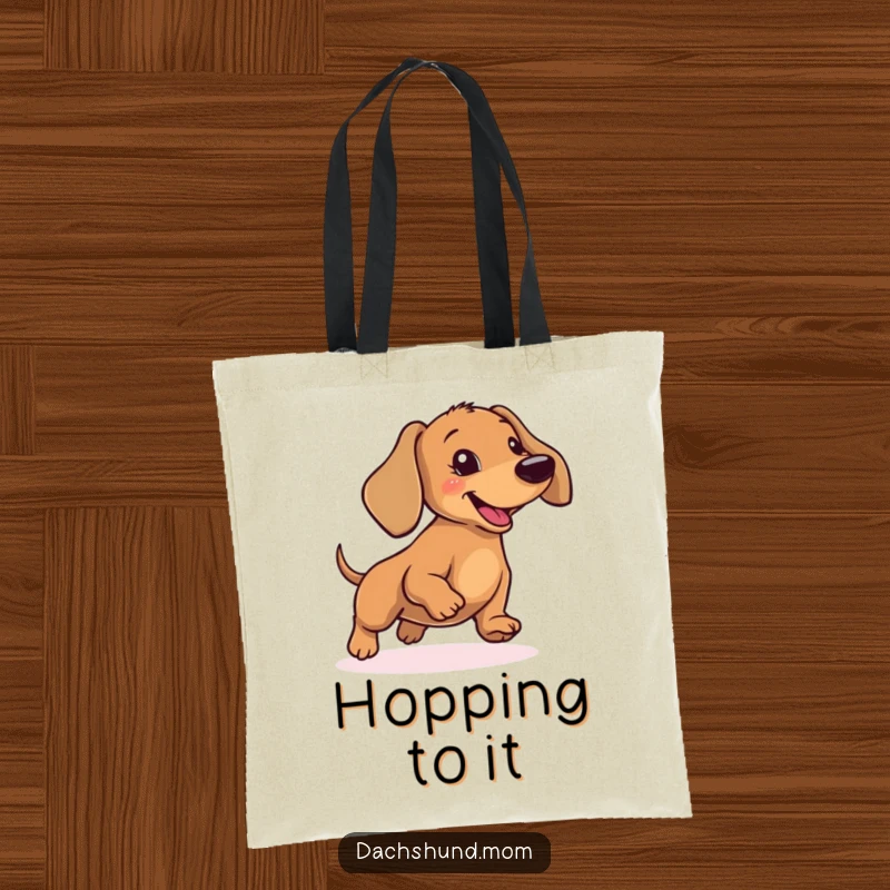 Funny Dachshund Tote Bag: A cute wiener dog caught in a hilarious, bouncy hop, perfect for everyday use.