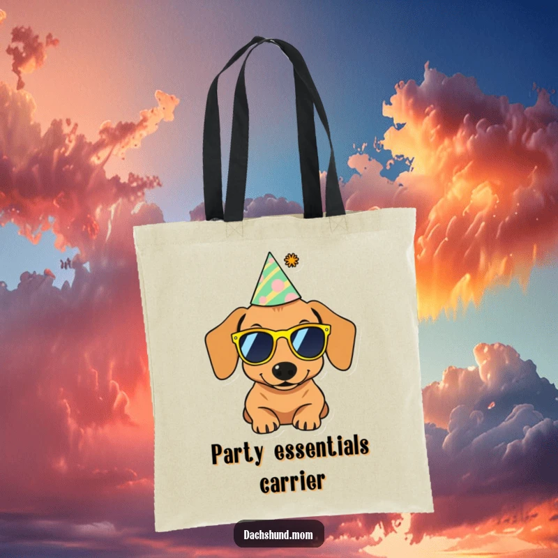 Funny tote bag featuring a dachshund wearing tiny sunglasses and a party hat, ready for any festive occasion.
