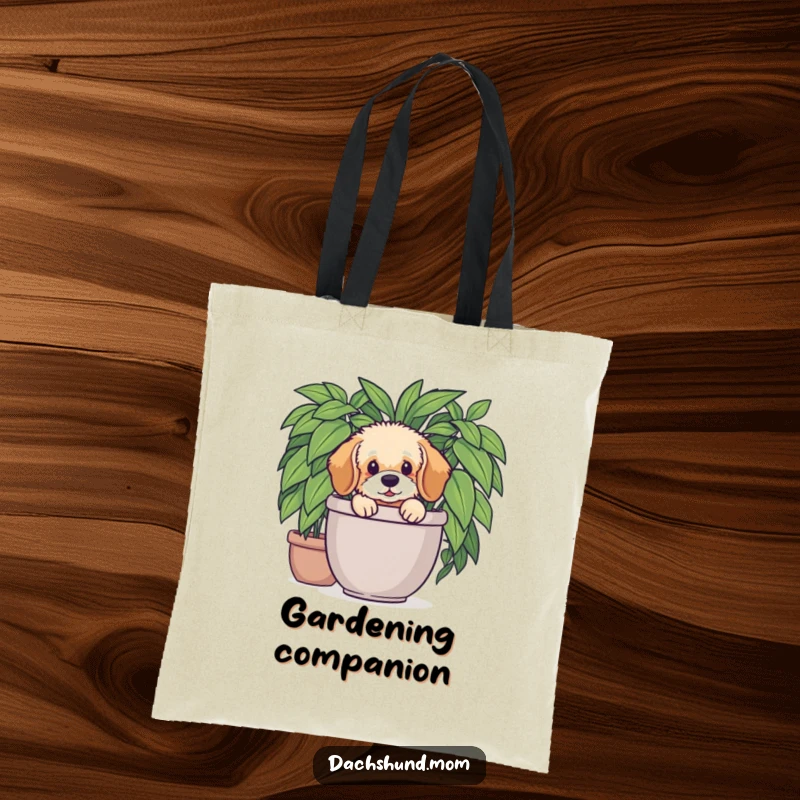 Funny Dachshund Plant Tote Bag: A fluffy Dachshund pup plays peek-a-boo from a large potted plant. Humorous and practical shopper.