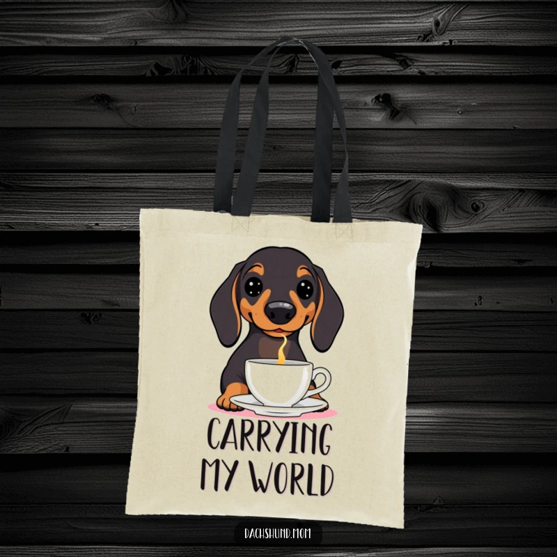 Funny Dachshund Tote Bag: A charming wiener dog performing a daring feat, balancing a teacup on its nose with flair.
