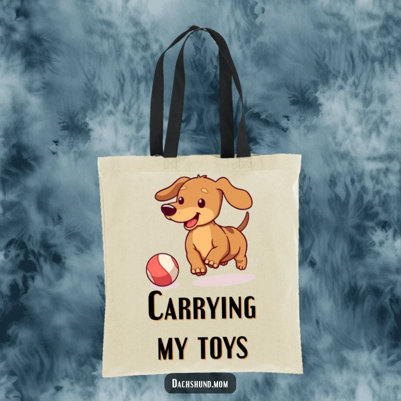 Funny Kawaii Dachshund Tote Bag: Cute doxie wagging its tail, chasing a bouncing ball, a humorous and practical accessory.