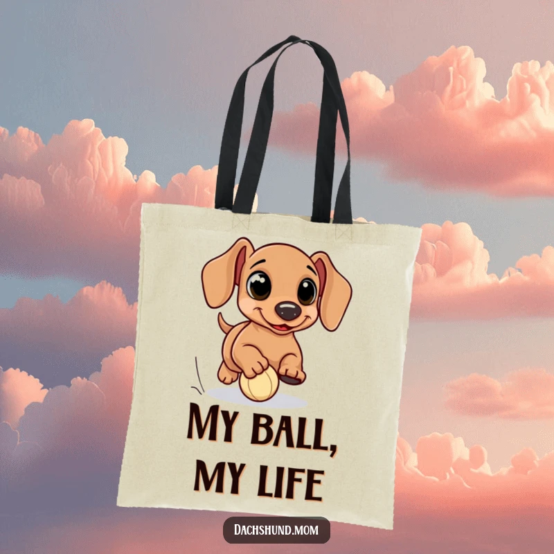 Funny kawaii dachshund tote bag, with big eyes, enthusiastically chasing a tiny ball, a humorous and practical accessory for dog lovers.
