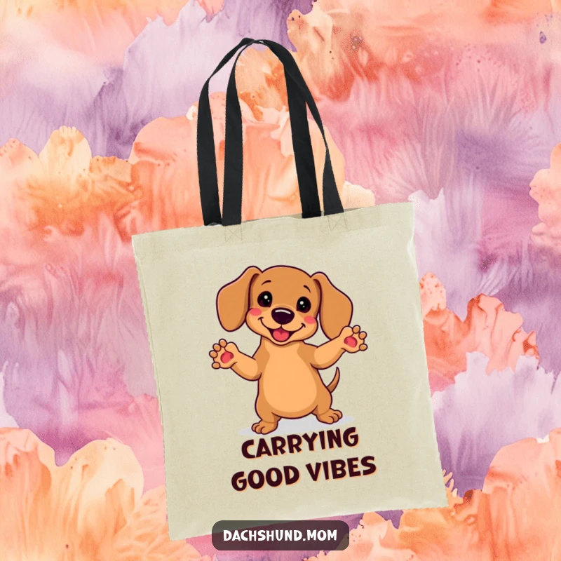 Funny Kawaii Dachshund Tote Bag: A happy, dancing dachshund with front paws in the air, perfect for carrying your happy essentials.