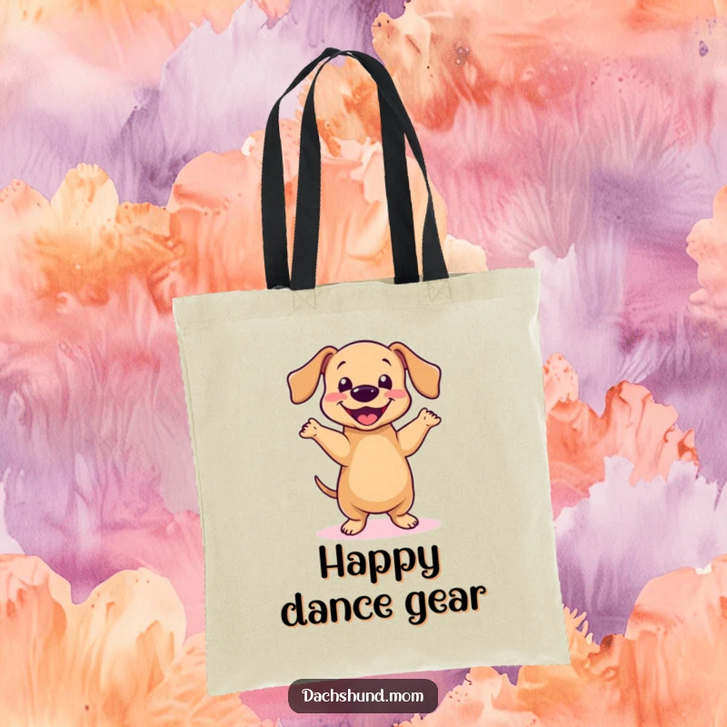 Funny Kawaii Dachshund Dance Tote Bag: A cute dachshund does a happy little dance, practical and adorable, tote.