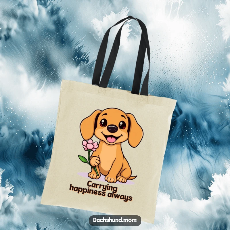 Funny Kawaii Dachshund Tote Bag with a friendly dog offering a flower, perfect for shopping or daily use. A cute accessory.