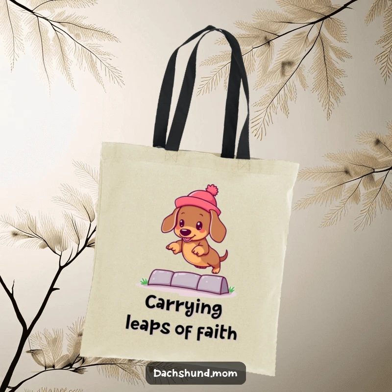 Funny kawaii dachshund in a silly hat, jumping over an obstacle, featured on a durable tote bag for a stylish, humorous carry-all.