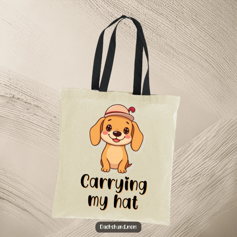 Funny kawaii dachshund tote bag, tipping a tiny hat with a cheerful grin, a stylish and humorous accessory for everyday use, a perfect gift.