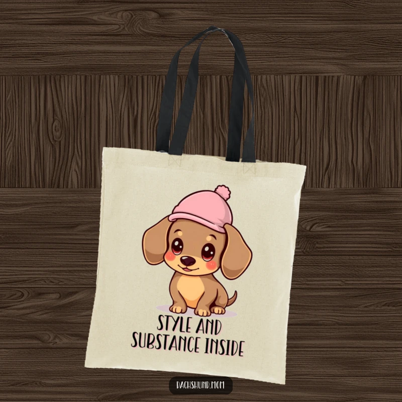 Funny Kawaii Dachshund Tote Bag, a cute dog carrying a small hat, perfect for everyday use with a funny twist.