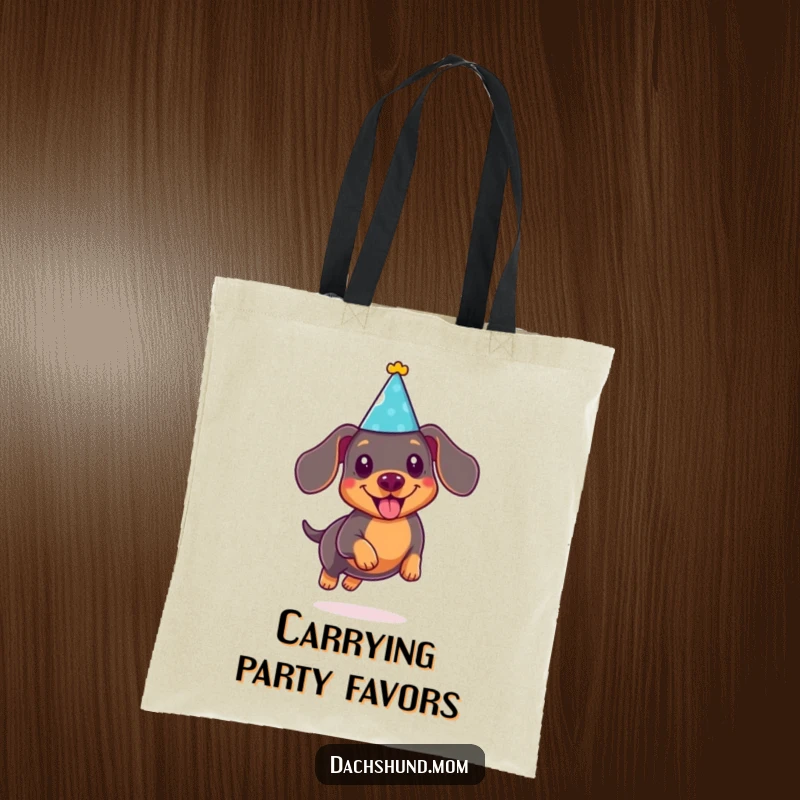 Funny Kawaii Dachshund Tote Bag: Cute doxie in a party hat, joyfully leaping, a humorous and practical accessory.