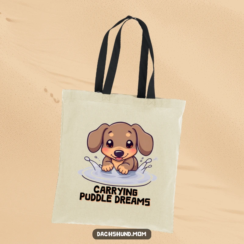 Funny Kawaii Dachshund Tote Bag: A delightful dachshund playfully splashes in a puddle, making it a fun and practical accessory.