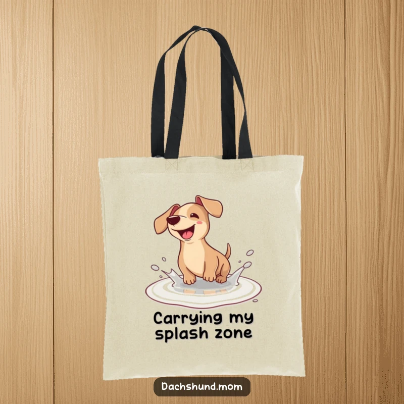 Funny Dachshund Tote Bag: A charming kawaii dachshund joyfully splashing in a small puddle, a happy scene for everyday use.