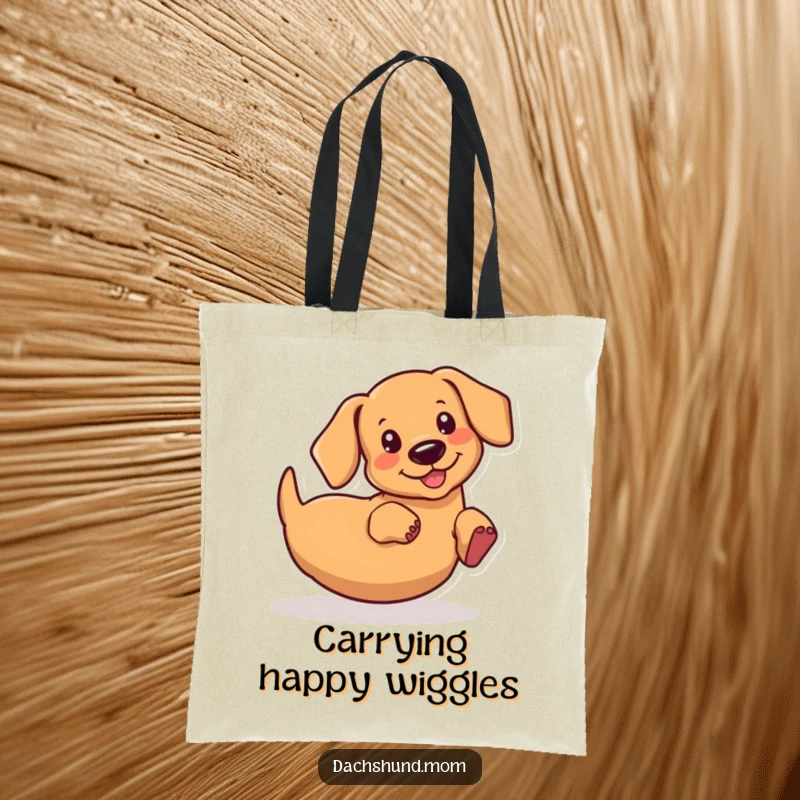 Funny kawaii dachshund tote bag, wiggling its rear end with unbridled joy, a humorous and practical accessory for dog lovers.