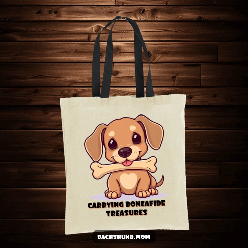 Funny Kawaii Dachshund Tote Bag: A cute dog concentrates on balancing a bone on its nose, perfect for carrying your items.