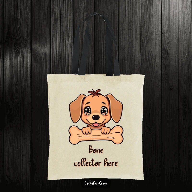 Funny Kawaii Dachshund Tote Bag featuring a dog with big, sparkling eyes peeking from behind a giant bone.