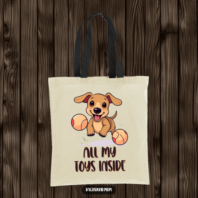 Funny Kawaii Dachshund Tote Bag: Adorable dog excitedly chasing bouncing ball, cute pet accessory, playful shopper.