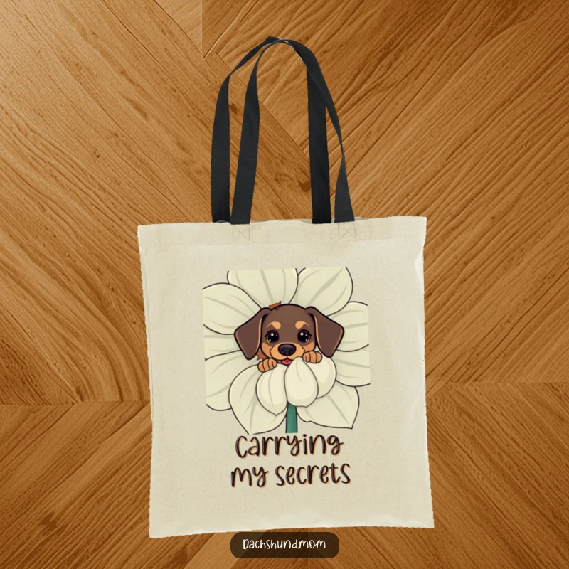 Funny kawaii dachshund tote bag, a curious dog peeking from behind a giant flower, a humorous and practical bag.