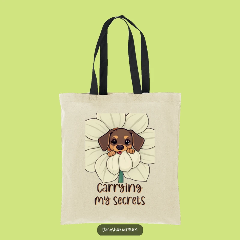 Funny Kawaii Dachshund Tote Bag: Curious Pup Behind Flower, Hilarious Accessory