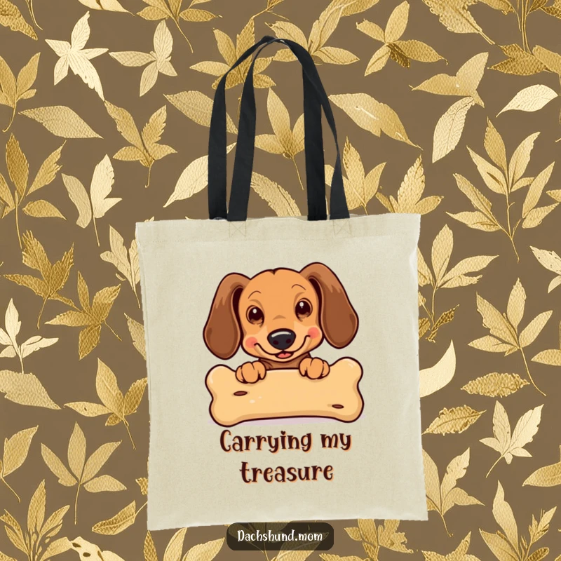 Funny Kawaii Dachshund Tote Bag: an excited dachshund with floppy ears peeking over a large bone, showcasing a humorous design.