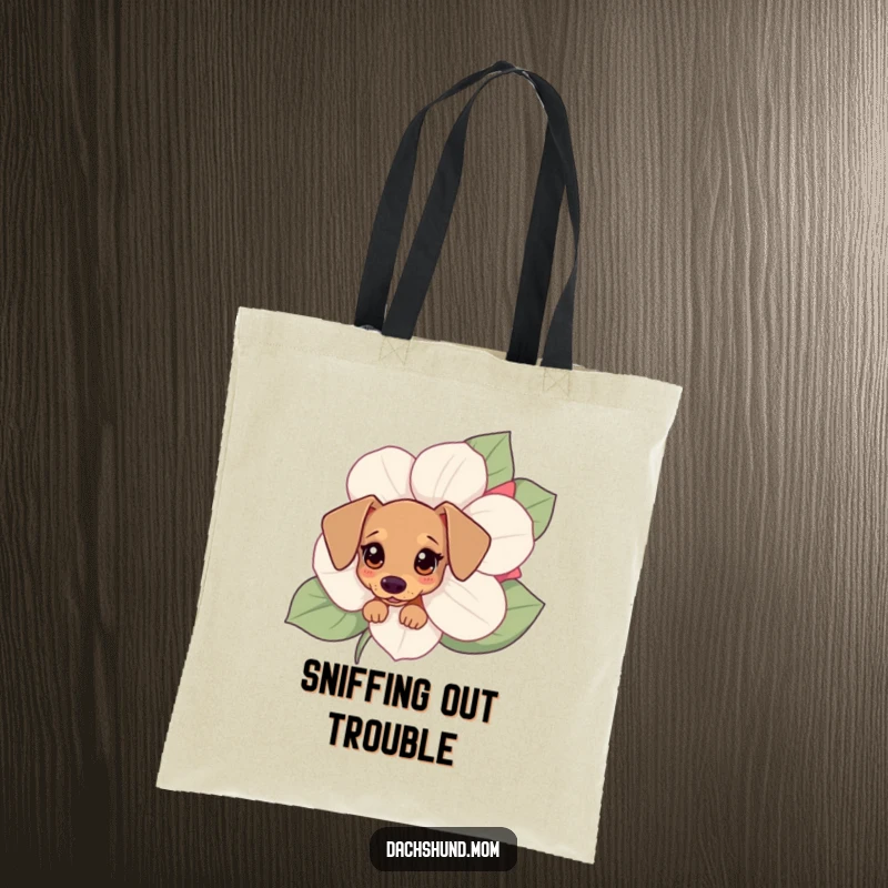 Funny Kawaii dachshund tote bag showcasing a small dog with wide eyes peeking from behind a big flower, ready for shopping.